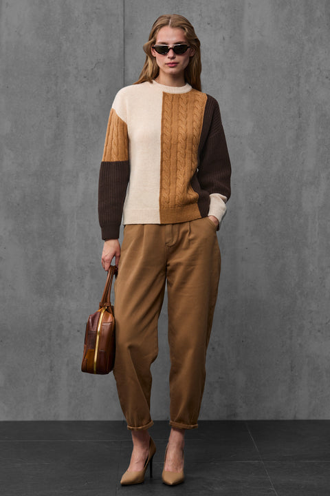 Woman wearing ENEX Ridge caramel cable knit color block sweater (1 of 6)