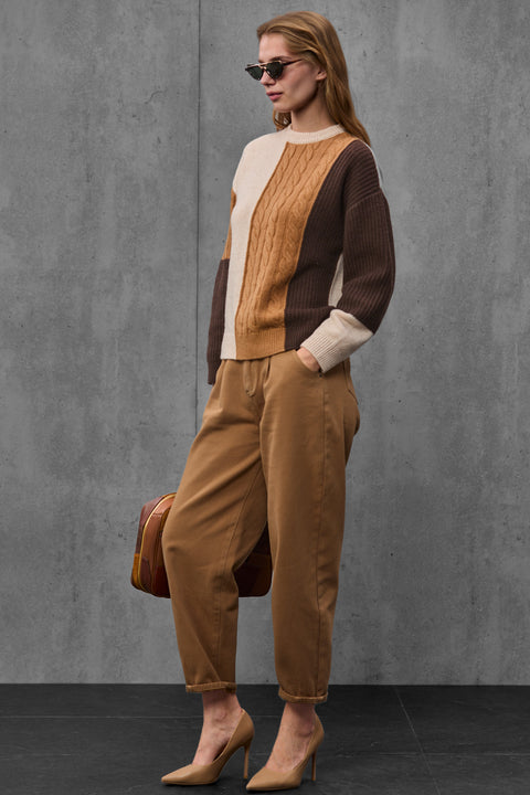 Woman wearing ENEX Ridge caramel cable knit color block sweater (2 of 6)