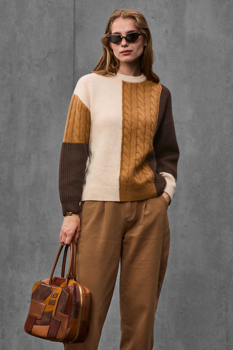 Woman wearing ENEX Ridge caramel cable knit color block sweater (4 of 6)
