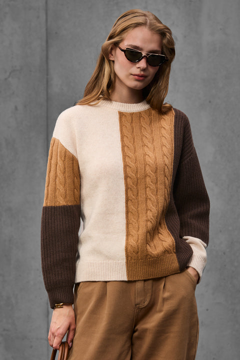 Woman wearing ENEX Ridge caramel cable knit color block sweater (5 of 6)