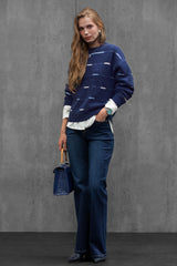Women's Denim Blue Striped Merino Wool Sweater