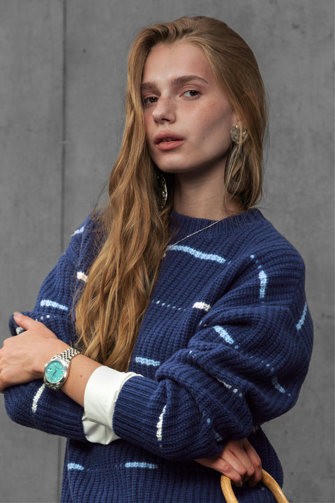 Woman wearing ENEX Cadence denim blue striped merino wool sweater (3 of 6)
