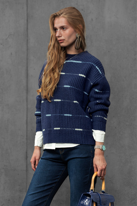 Woman wearing ENEX Cadence denim blue striped merino wool sweater (4 of 6)