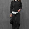 Woman wearing ENEX Teddy graphite boucle polo sweater (1 of 6)