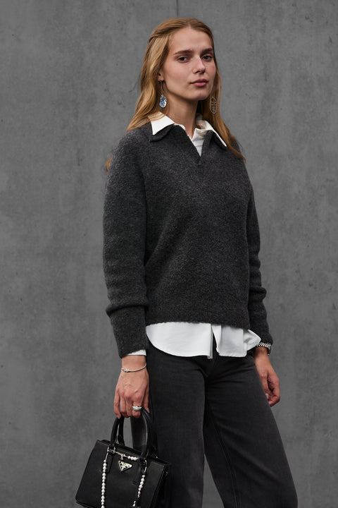 Woman wearing ENEX Teddy graphite boucle polo sweater (2 of 6)