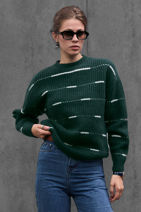 Woman wearing ENEX Cadence green striped merino wool sweater (2 of 6)