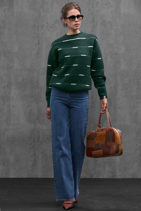 Woman wearing ENEX Cadence green striped merino wool sweater (4 of 6)