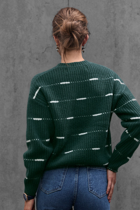 Woman wearing ENEX Cadence green striped merino wool sweater (5 of 6)
