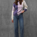 Woman wearing ENEX Ridge lavender cable knit color block sweater (1 of 6)