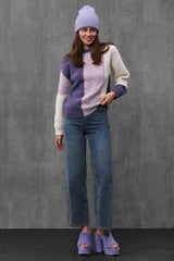 Women's Lavender Cable Knit Color Block Sweater
