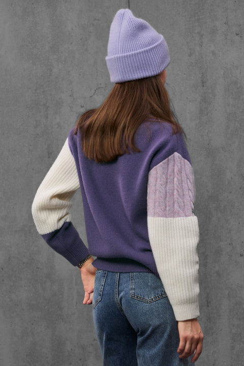 Woman wearing ENEX Ridge lavender cable knit color block sweater (5 of 6)