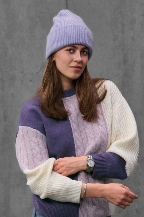 Woman wearing ENEX Ridge lavender cable knit color block sweater (6 of 6)