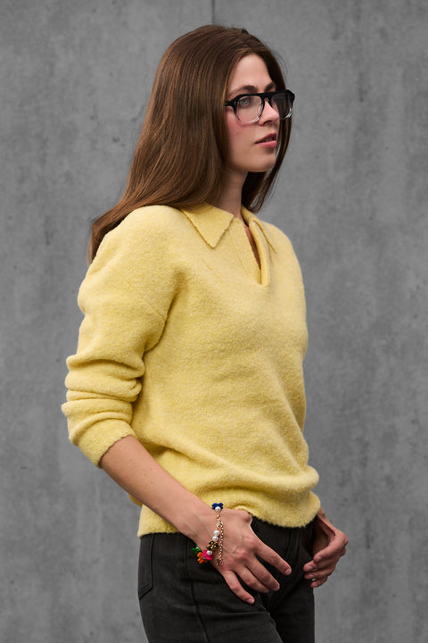 Woman wearing ENEX Teddy yellow boucle polo sweater (3 of 6)
